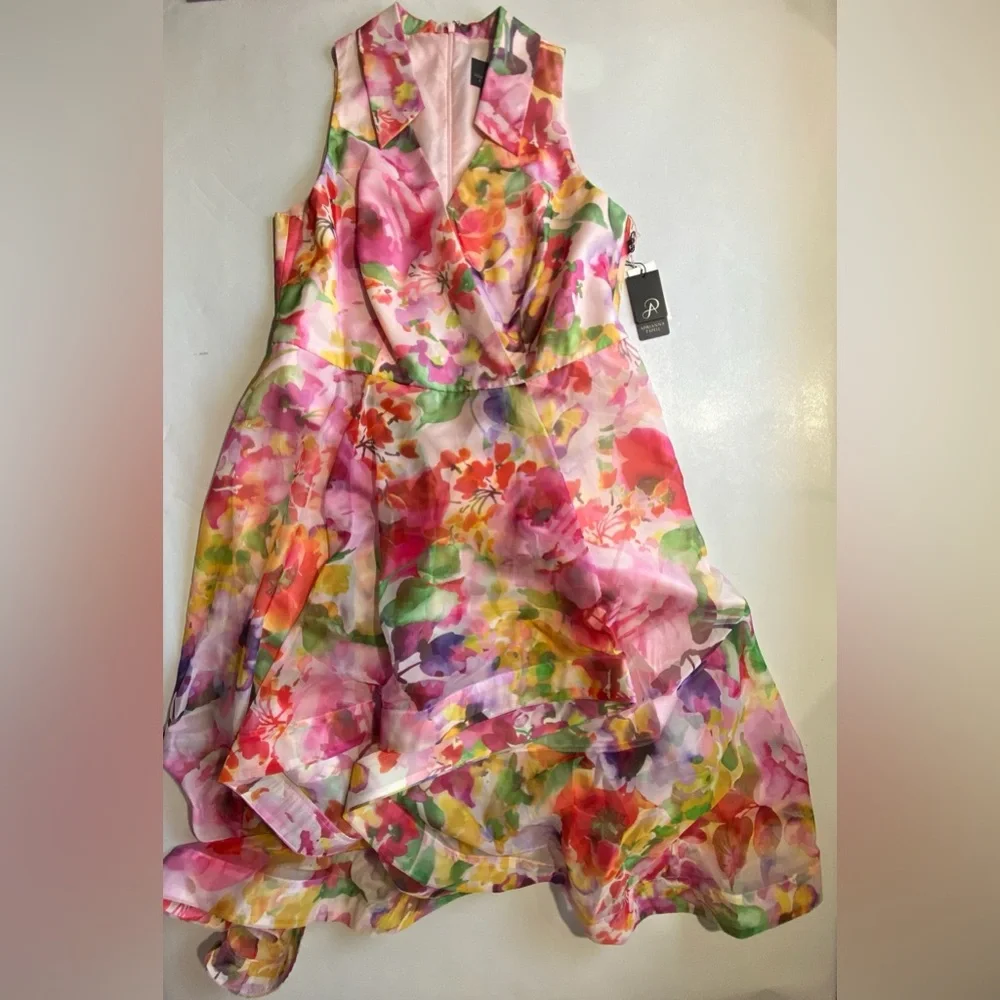 NEW Womens Plus 14W Adrianna Papell Print High-Low Midi Dress Pink Multi $259 - Picture 5 of 12
